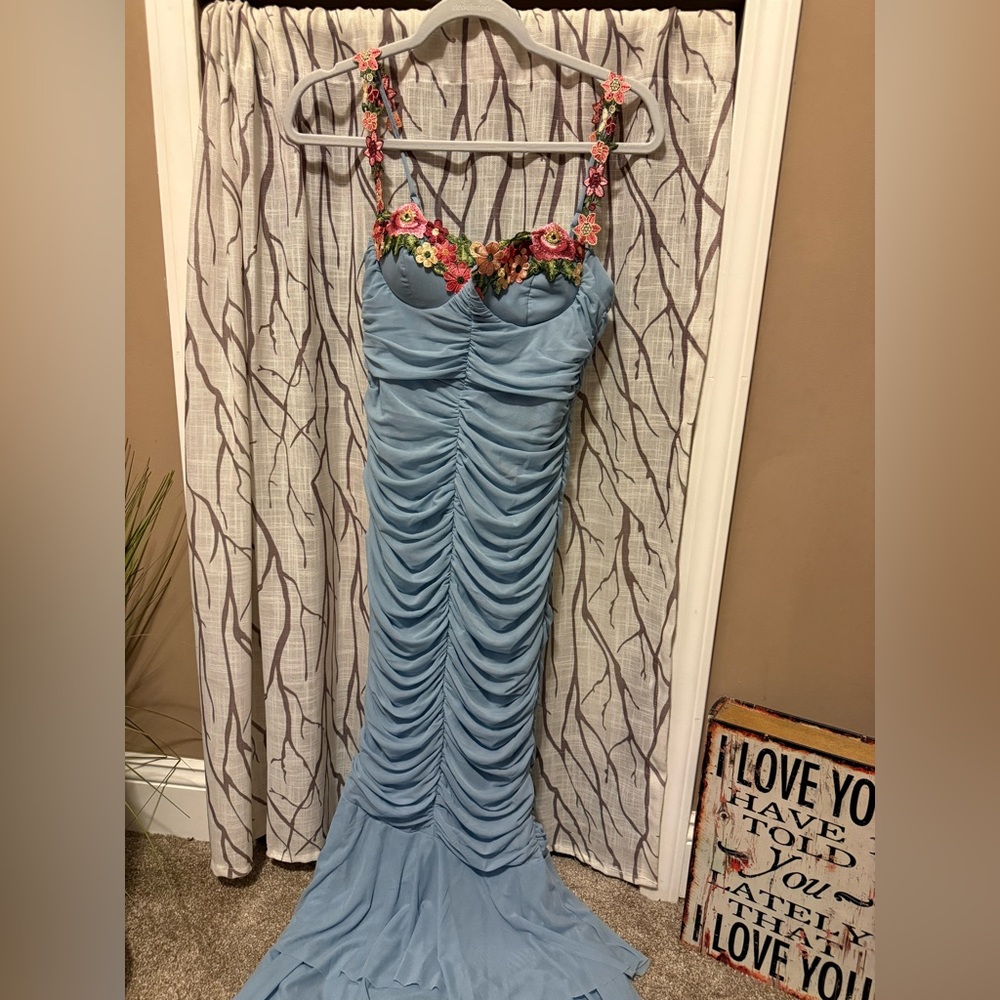 Blue Ruched Floral Wedding Guest Sumer Dress